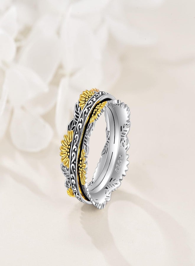 POPLYKE Sterling Silver Sunflower Flower Anxiety Spinner Rings Rotatable Fidget Mood Rings for Women Relieve Stress Gift 8 Size - Image 5